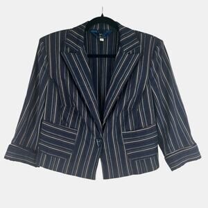 Vintage Striped Cropped Blazer Womens M Navy Brown Tailored 3/4 Sleeve 90s